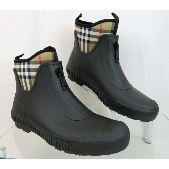 BURBERRY FLINTON BLACK RUBBER BEIGE CHECK SOCK LOGO ANKLE RAIN BOOTS US 11 EU 41 - Picture 3 of 14